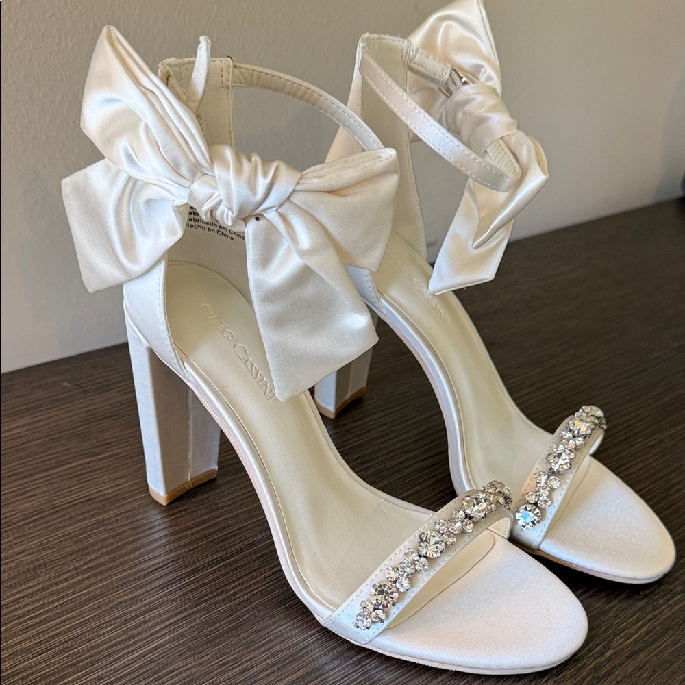 Oleg Cassini Ivory Satin Block Heel Sandals with Crystal Strap